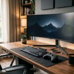 Setup gaming avec écran incurvé sur un bureau en bois