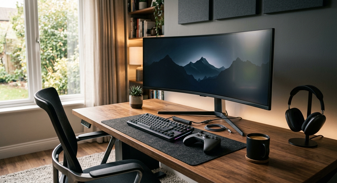 Setup gaming avec écran incurvé sur un bureau en bois