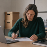 Dirigeant de petite entreprise annotant une fiche de missions avant un premier recrutement