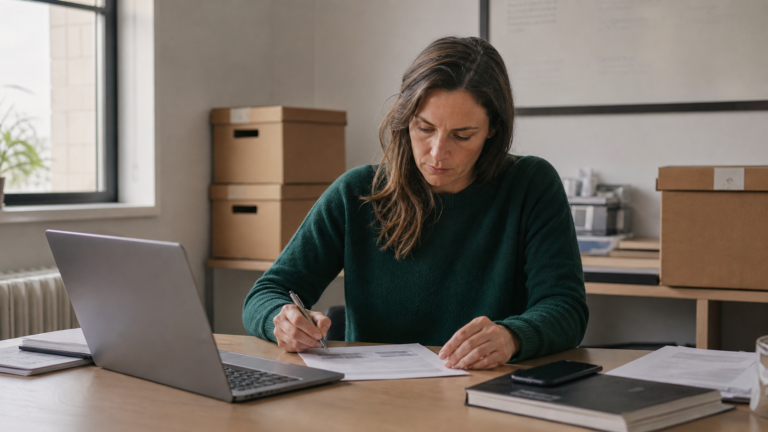 Dirigeant de petite entreprise annotant une fiche de missions avant un premier recrutement