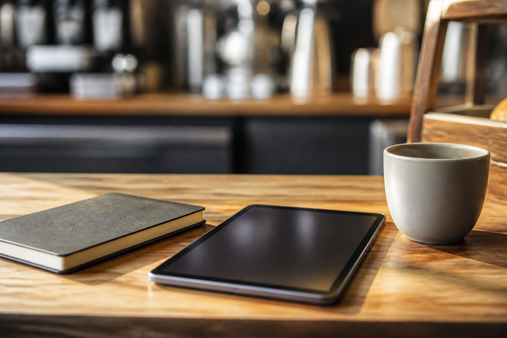 Tablette posée sur le comptoir d'une petite entreprise, illustration du suivi discret de sa fiche locale en ligne