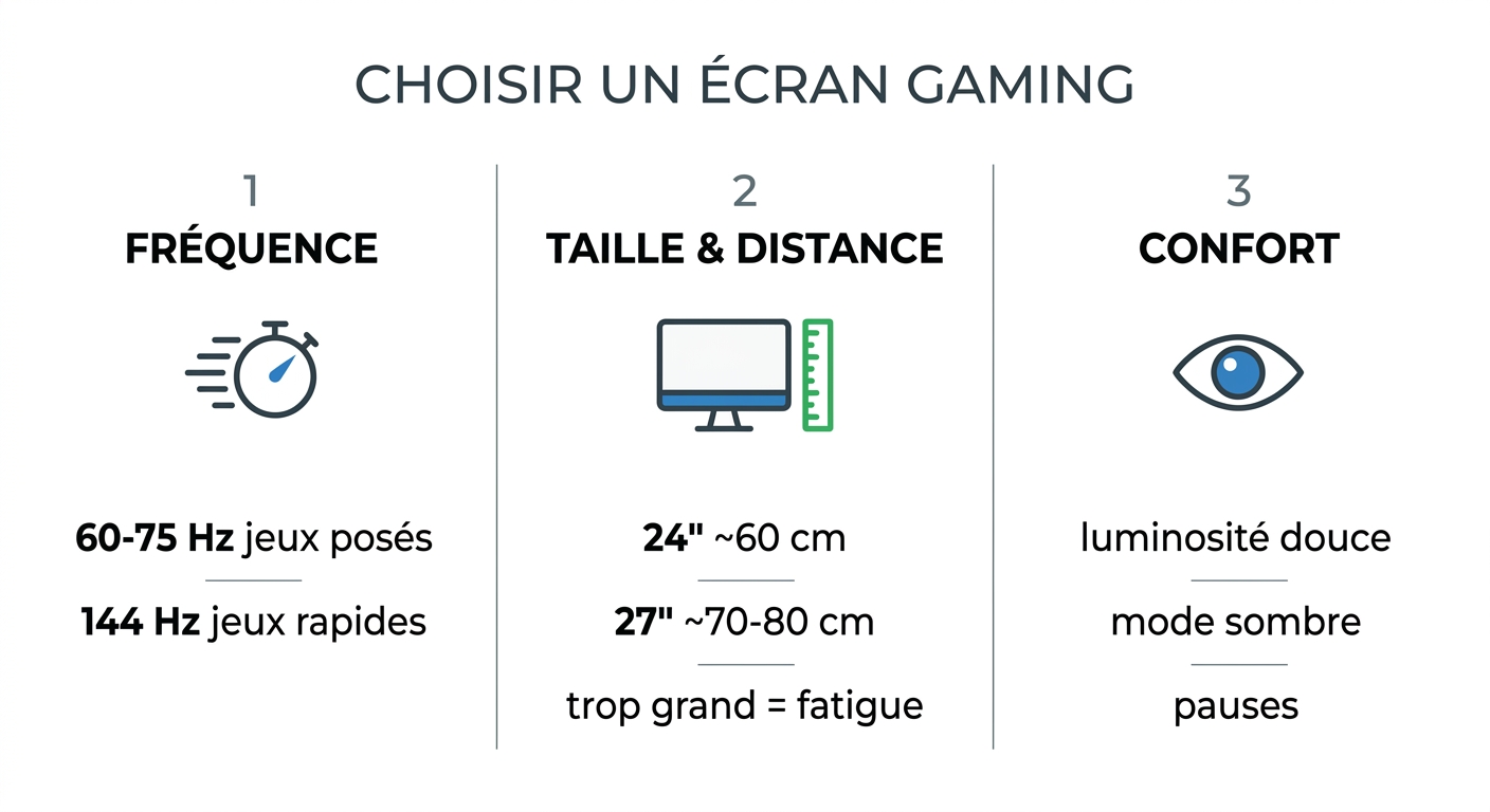 Infographie de comparaison pour choisir un écran gaming : fréquence, taille et distance, confort visuel