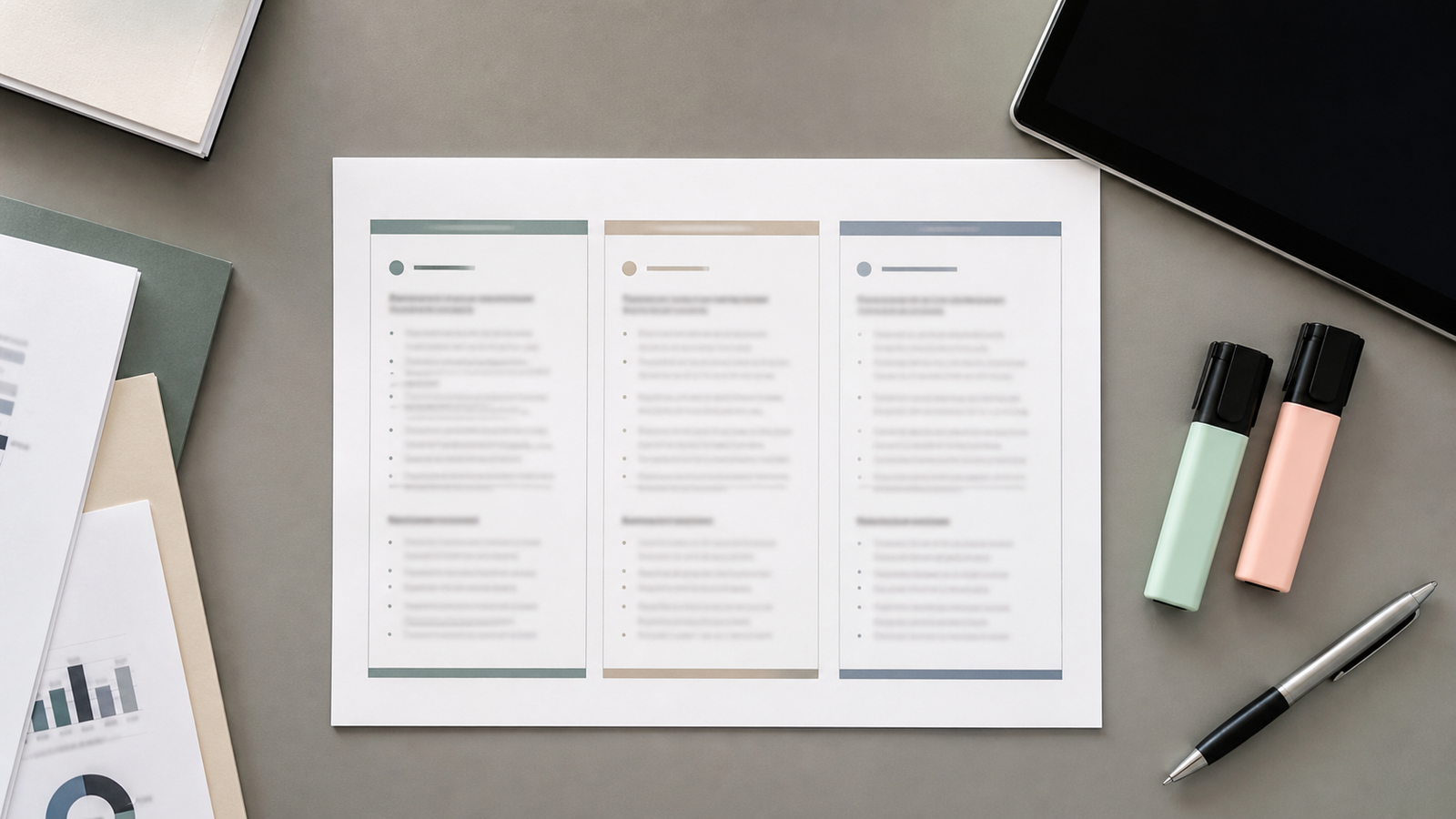 Fiche de poste structurée en trois zones sur un bureau