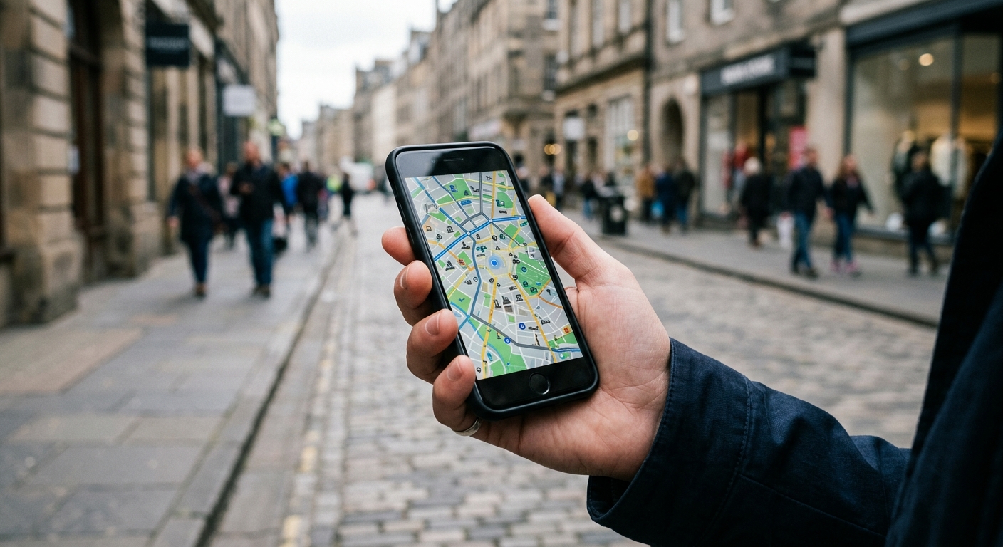 Personne tenant son smartphone en vérifiant la localisation de l'appareil