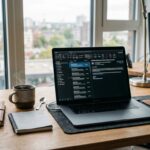 Bureau moderne avec un ordinateur portable et une messagerie ouverte sur l'écran