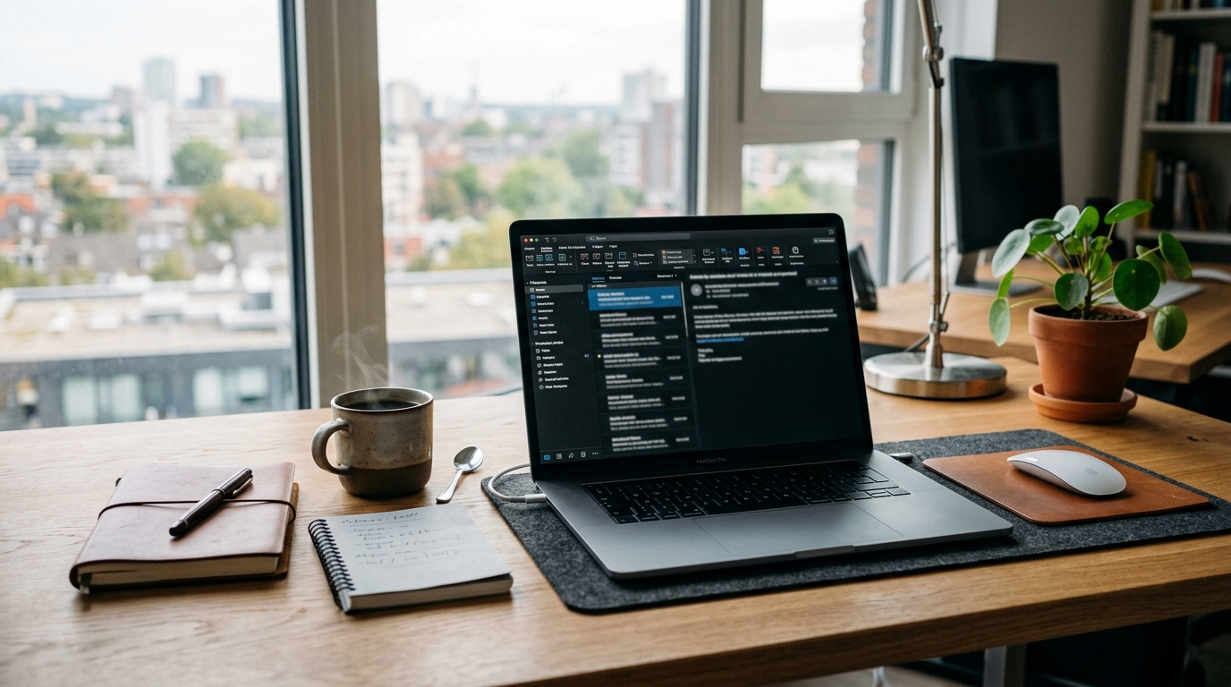 Bureau moderne avec un ordinateur portable et une messagerie ouverte sur l'écran
