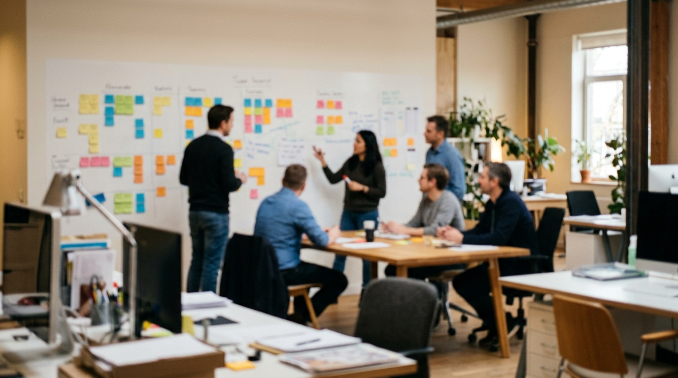 Tableau blanc avec des colonnes de suivi des demandes clients et des post-its colorés