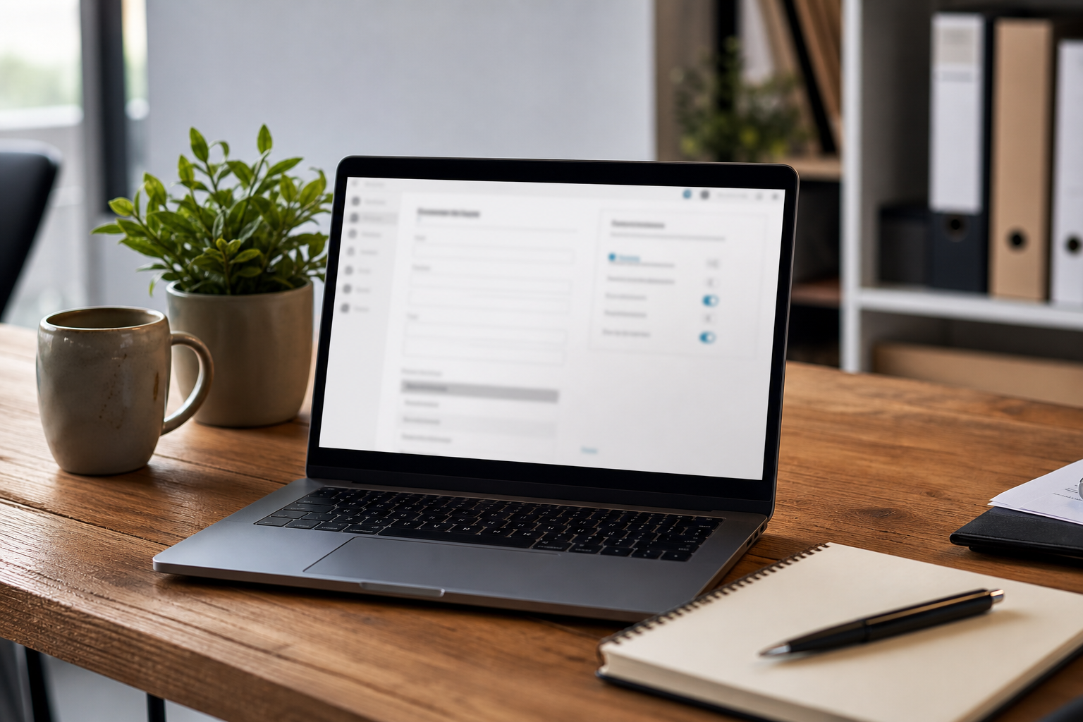 ordinateur portable sur un bureau avec interface de formulaire floutée