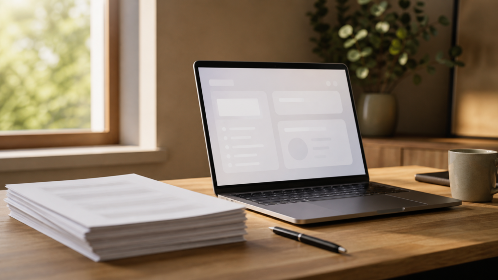 Documents papier et ordinateur avec une interface de résumé floue, pour illustrer un article sur le résumé de documents avec l'IA