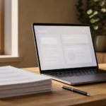 Documents papier et ordinateur avec une interface de résumé floue, pour illustrer un article sur le résumé de documents avec l'IA