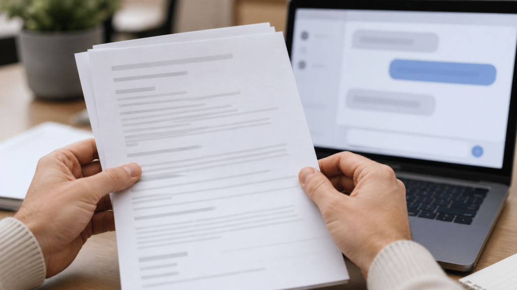 Des mains tiennent un contrat papier devant un ordinateur : vérifier avant de coller un document sensible dans une IA