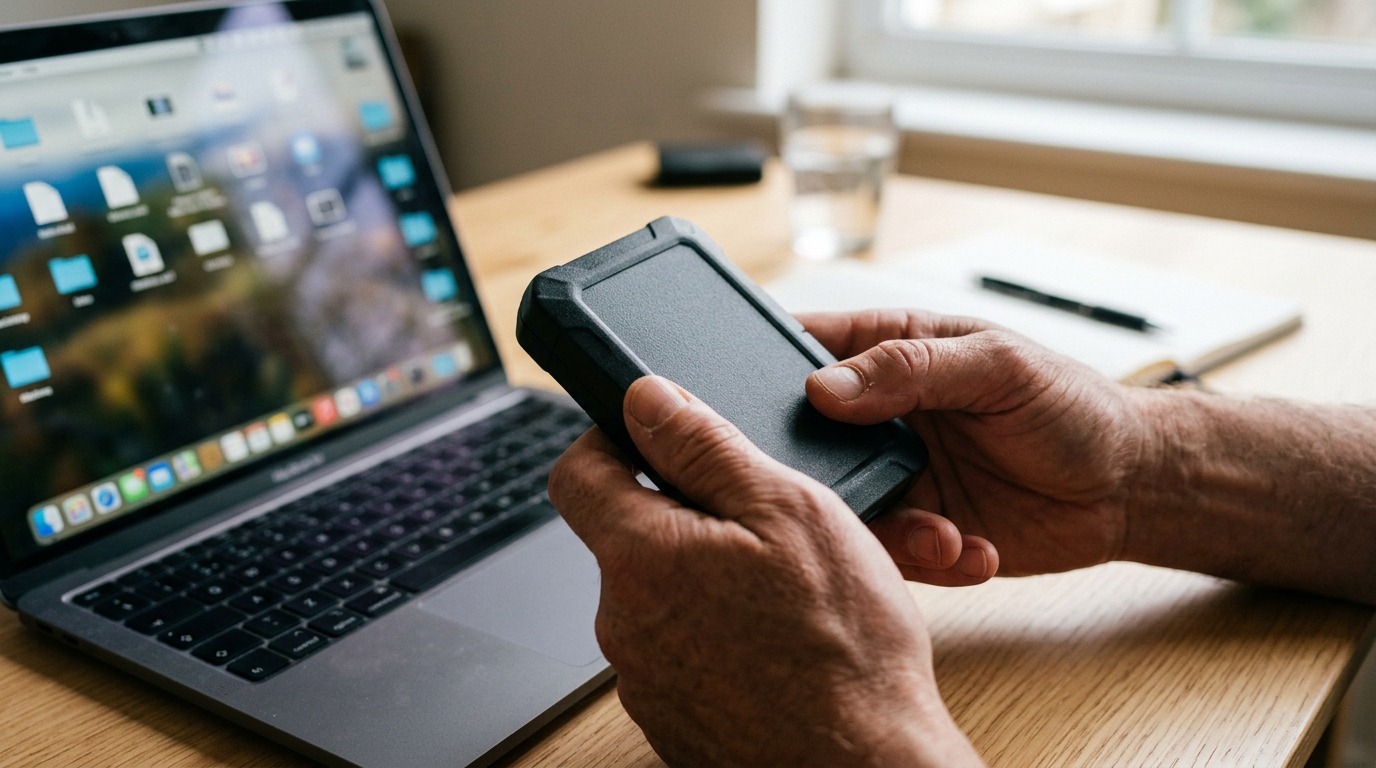 Mains tenant un disque dur externe près d'un ordinateur portable, bureau lumineux