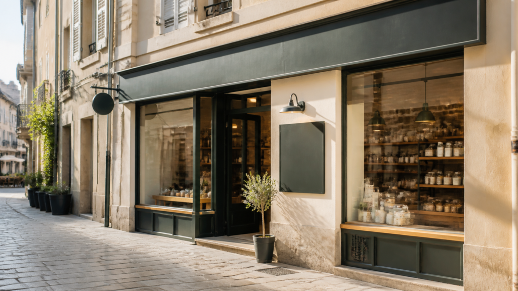 Façade d'un petit commerce avec une enseigne moderne et lisible depuis la rue