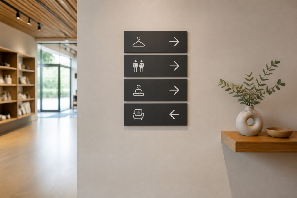 Panneau d'orientation intérieur avec pictogrammes simples dans un local professionnel