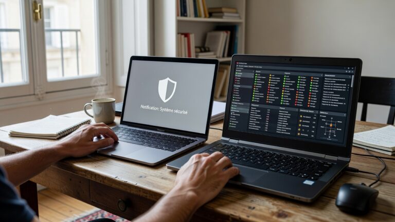 Deux ordinateurs sur un bureau, l’un avec une alerte de sécurité simple, l’autre avec une console de parc