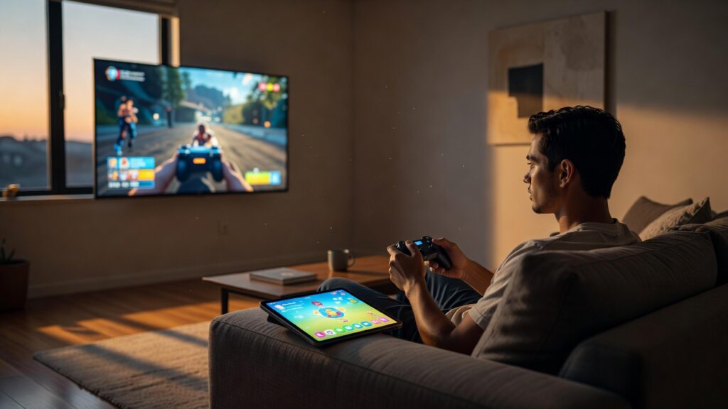 Salon, écran de jeu et tablette posée sur le canapé