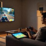 Salon, écran de jeu et tablette posée sur le canapé