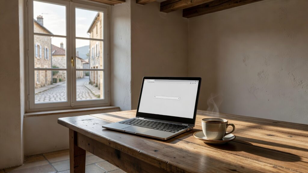 Ordinateur portable fin ouvert sur une table de cuisine, tasse de café