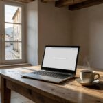 Ordinateur portable fin ouvert sur une table de cuisine, tasse de café