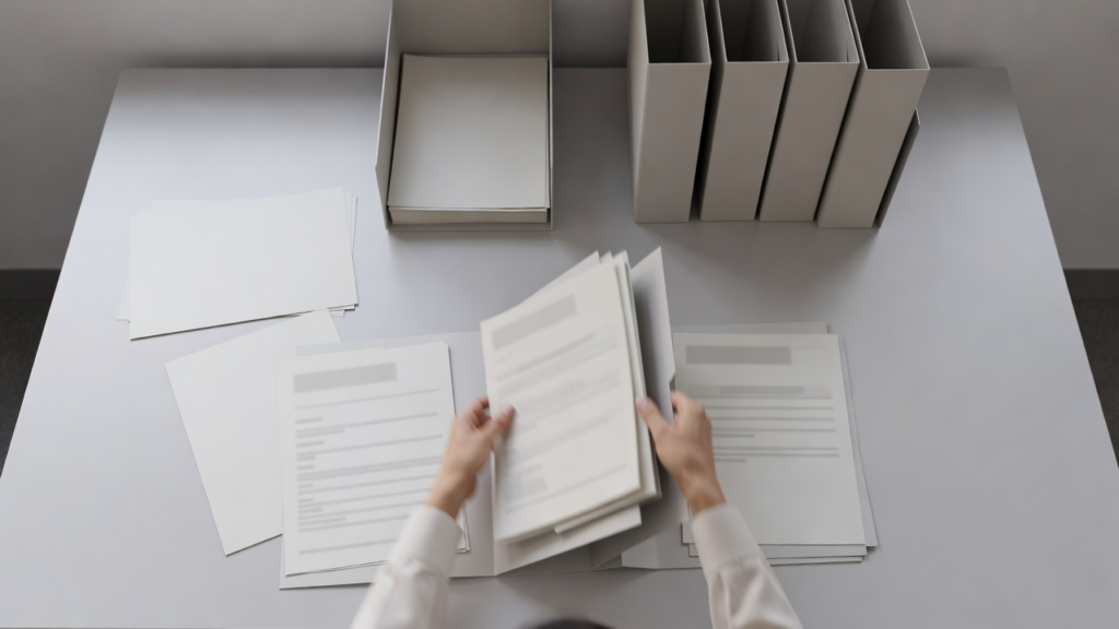 Classement de documents RH par type dans une chemise à onglets sur bureau