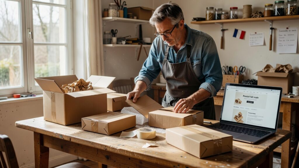 Colis et ordinateur portable sur une table d’atelier, page produit à l’écran
