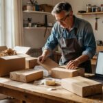 Colis et ordinateur portable sur une table d’atelier, page produit à l’écran