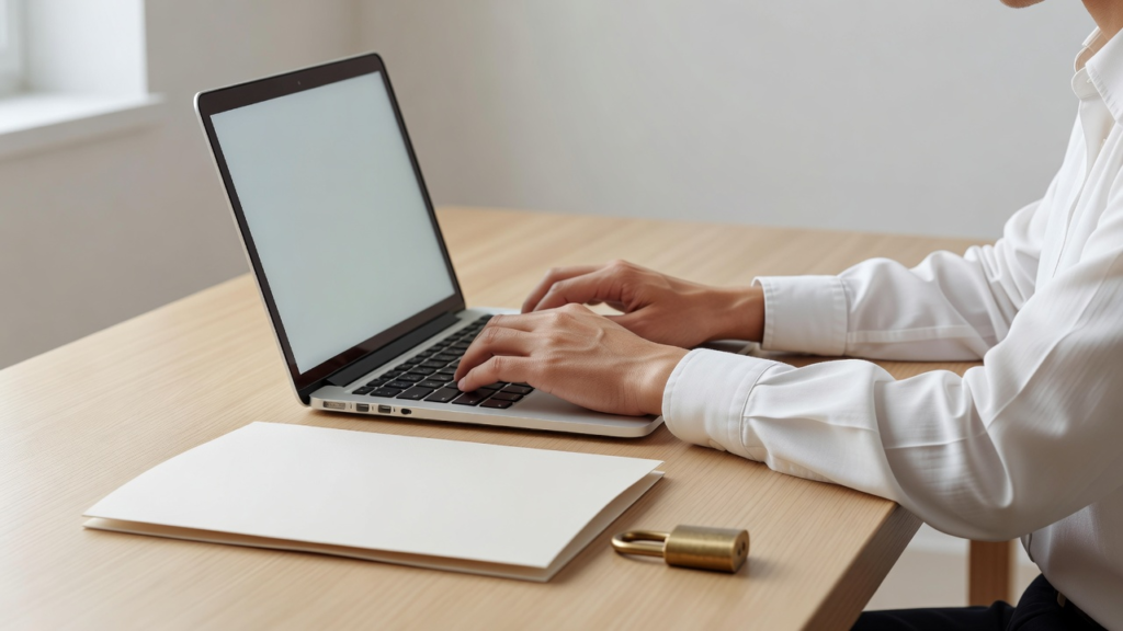 Ordinateur portable avec un dossier fermé et un cadenas posés sur un bureau