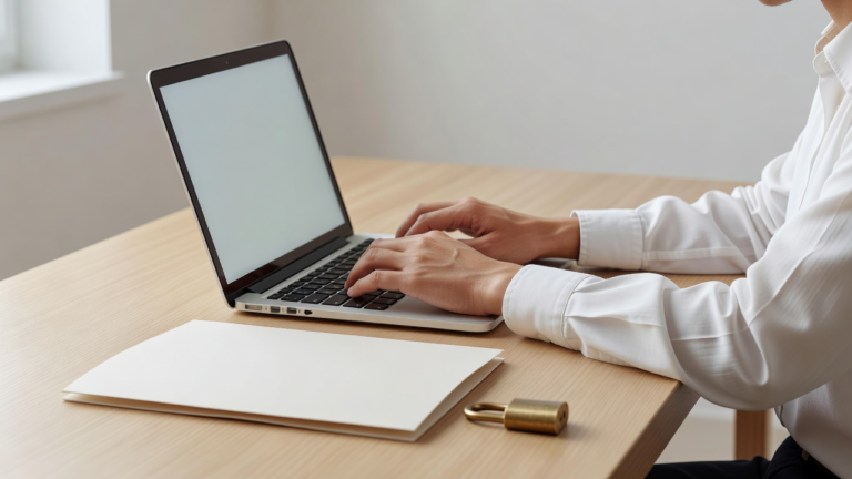 Ordinateur portable avec un dossier fermé et un cadenas posés sur un bureau