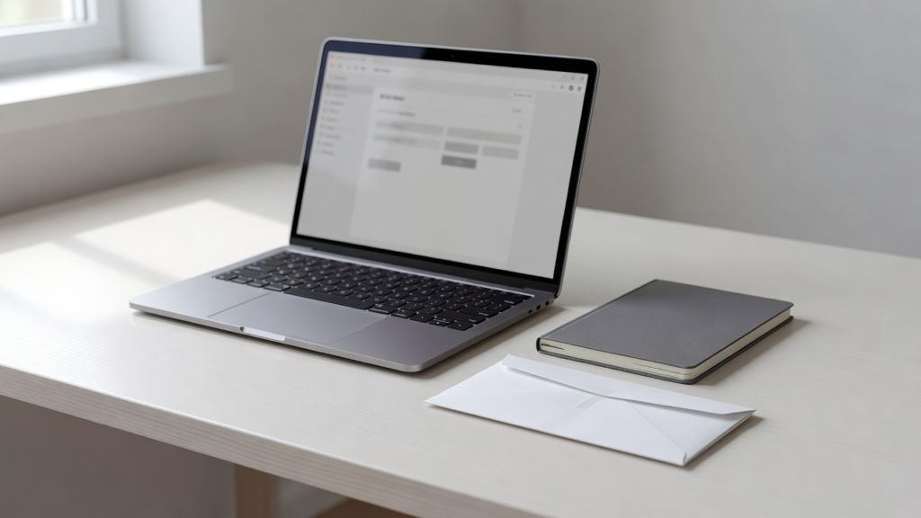 Bureau avec ordinateur portable, carnet fermé et enveloppe scellée