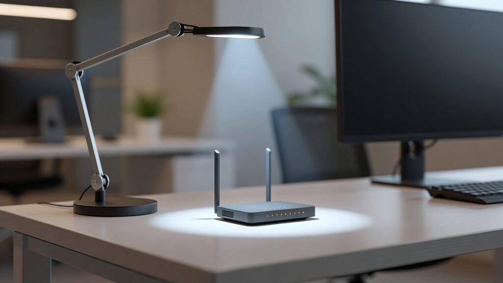 Lampe LED dirigée vers un routeur sur un bureau blanc
