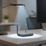 Lampe LED dirigée vers un routeur sur un bureau blanc
