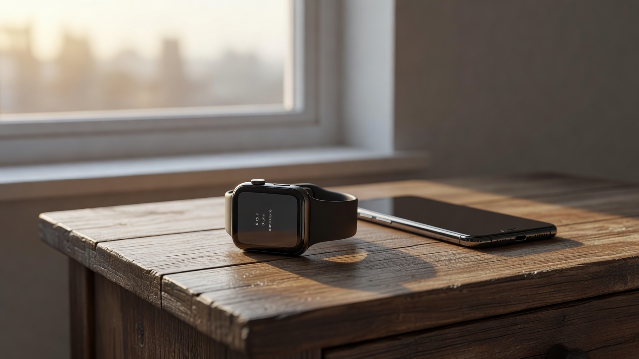 Montre connectée et smartphone sur une table de chevet