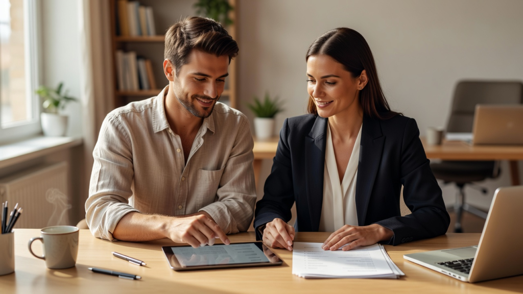 Indépendante et client qui passent en revue une liste claire de livrables digitaux sur tablette et documents posés sur un bureau
