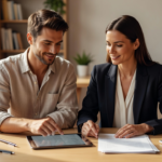Indépendante et client qui passent en revue une liste claire de livrables digitaux sur tablette et documents posés sur un bureau