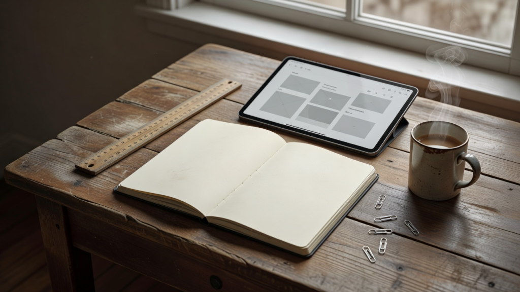 Carnet et écran sur un bureau avec liste manuscrite des livrables, formats et exclusions d'une prestation digitale