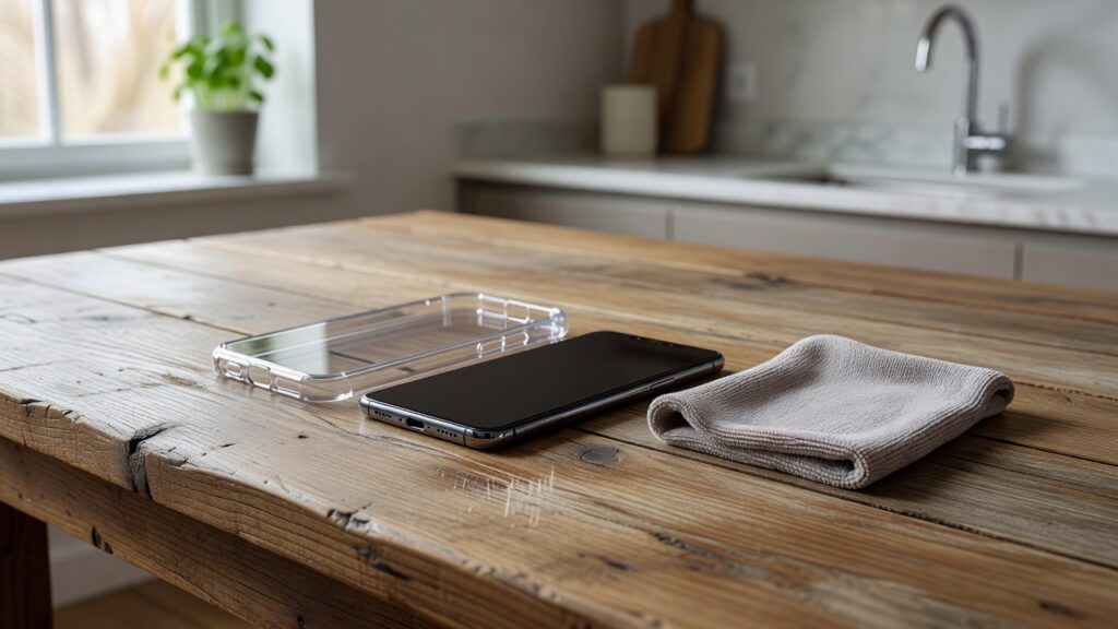 Smartphone posé à côté d’une coque et d’un chiffon microfibre