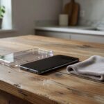 Smartphone posé à côté d’une coque et d’un chiffon microfibre