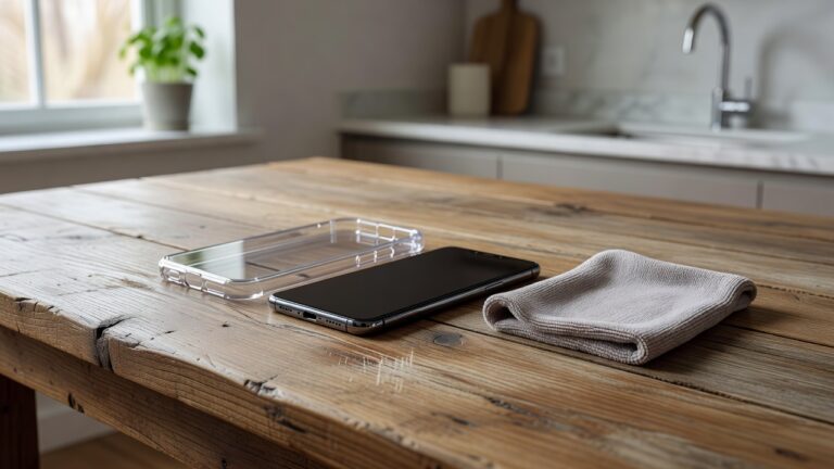 Smartphone posé à côté d’une coque et d’un chiffon microfibre