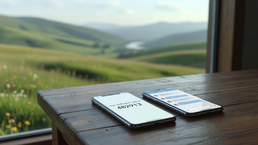 Deux téléphones sur une table, un code de vérification SMS et une conversation