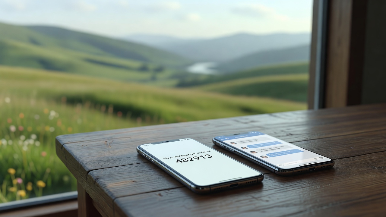 Deux téléphones sur une table, un code de vérification SMS et une conversation