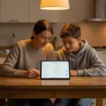 Parent et adolescent devant une tablette, écran de réglages de confidentialité