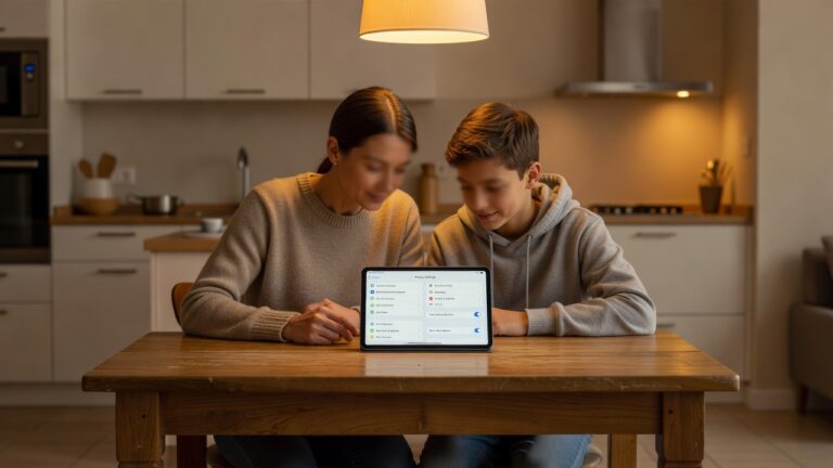Parent et adolescent devant une tablette, écran de réglages de confidentialité