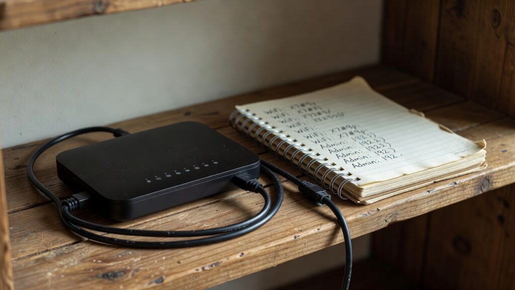 Box internet et carnet de mots de passe sur une étagère