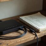Box internet et carnet de mots de passe sur une étagère