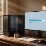 Tour PC et écran d’ordinateur dans un bureau, mise à jour en cours