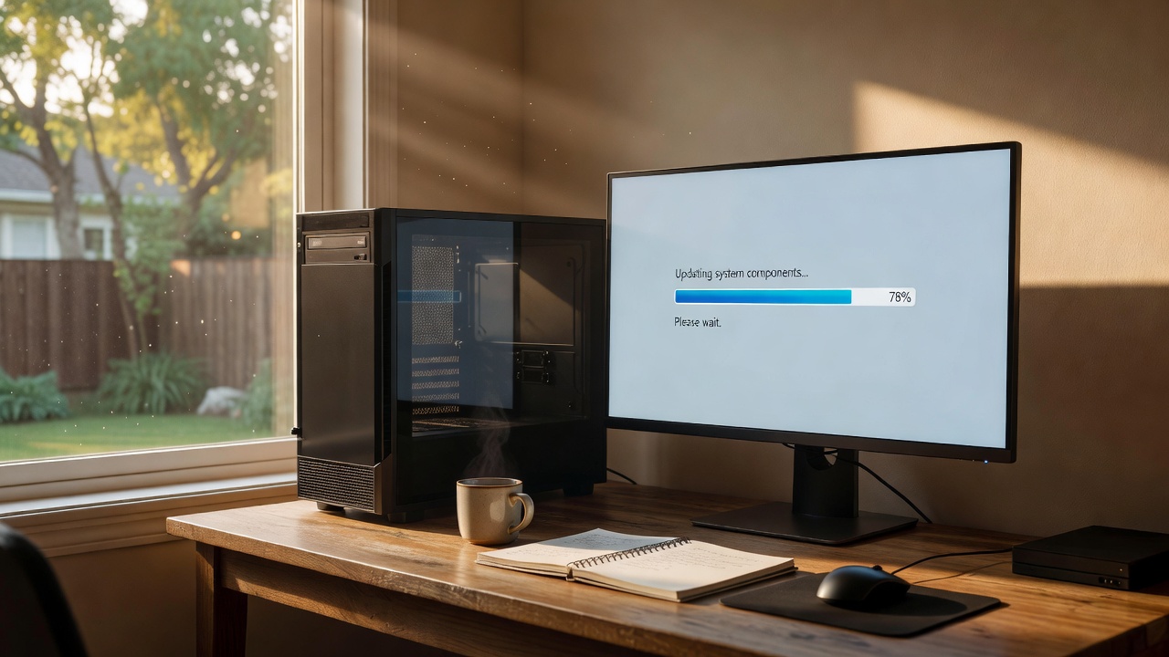Tour PC et écran d’ordinateur dans un bureau, mise à jour en cours