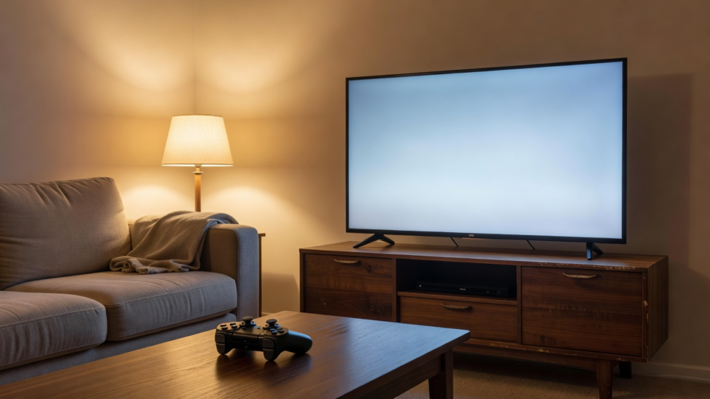 Salon avec téléviseur allumé et manette posée sur la table basse pour une session de jeu sur Steam