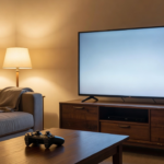 Salon avec téléviseur allumé et manette posée sur la table basse pour une session de jeu sur Steam