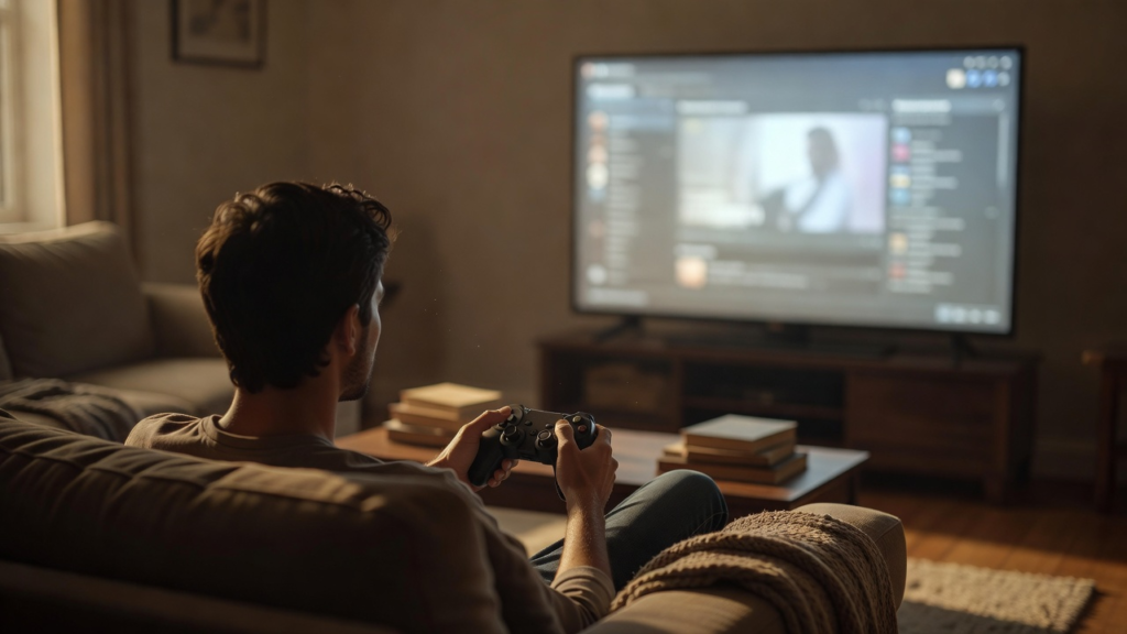 Personne jouant depuis un canapé avec une manette vers un grand écran de salon