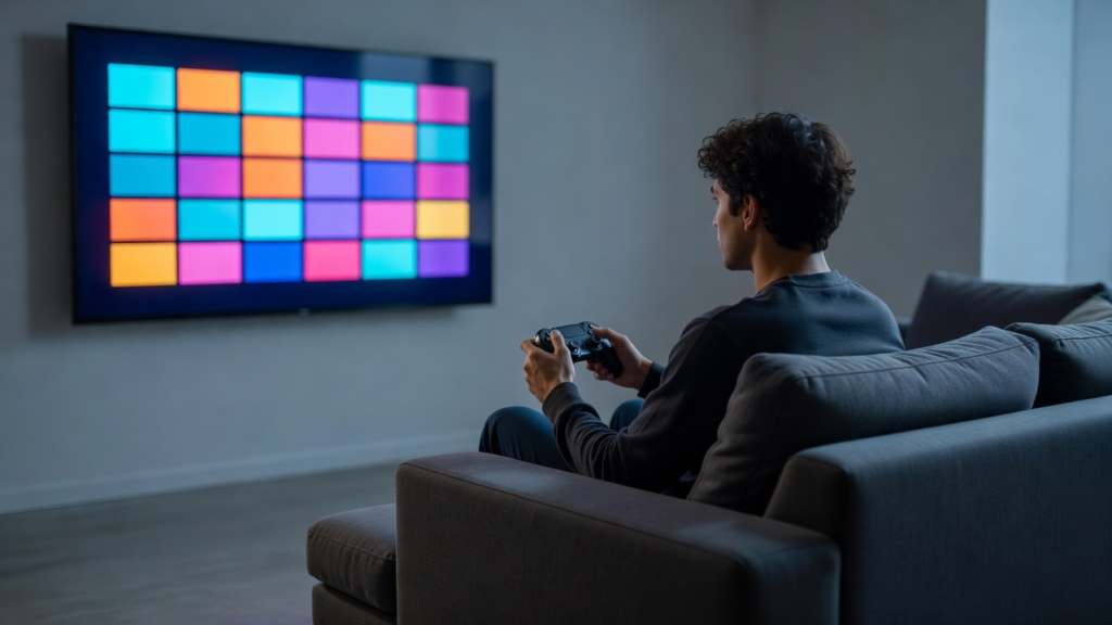 Un joueur sur son canapé devant un écran affichant un catalogue de jeux numériques
